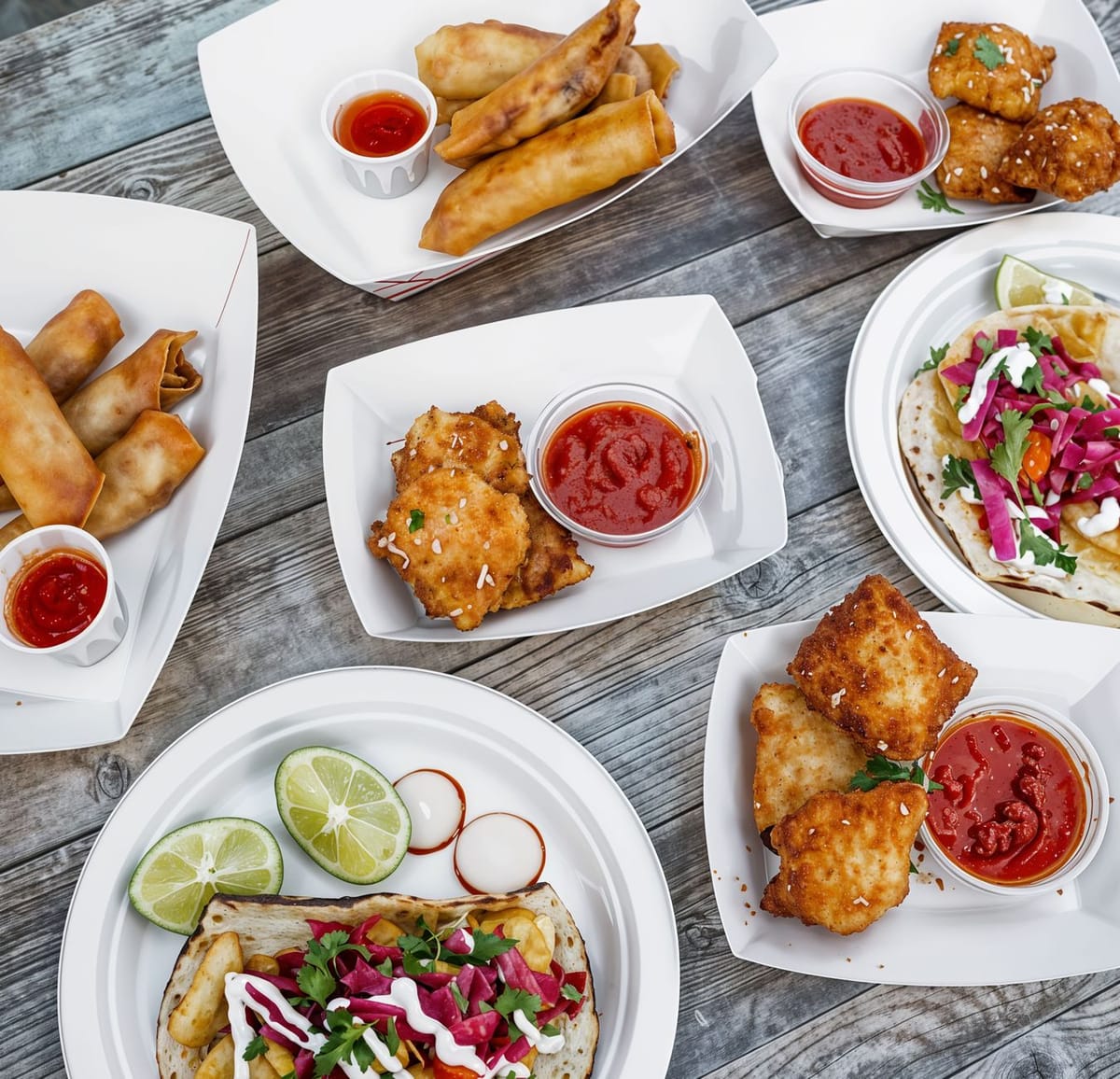 Bagasse plates and bowls holding food